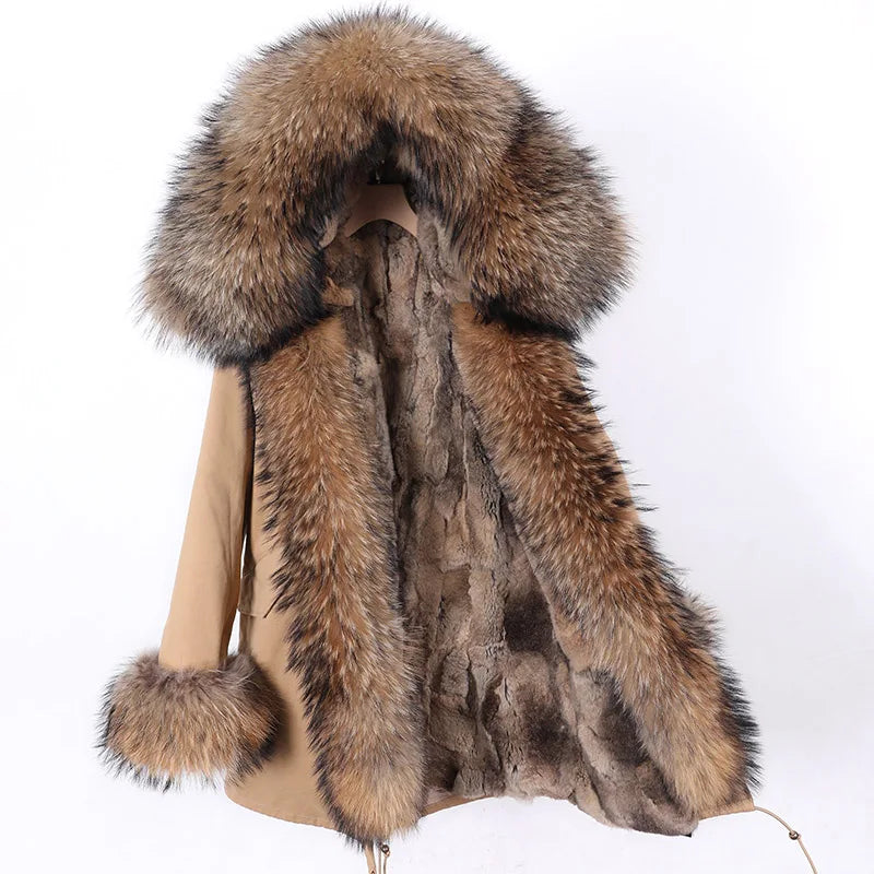 Real Raccoon Fox Fur Collar Parka Women's Coat | Vexaroa