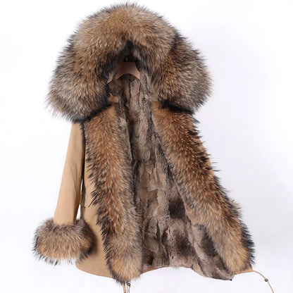 Real Raccoon Fox Fur Collar Parka Women's Coat | Vexaroa