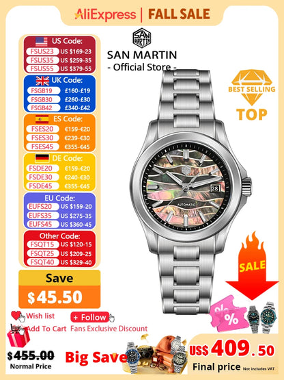 San Martin Official New 39mm Gradient Color Splicing MOP Dial Miyota 9015 Men Automatic Mechanical Watch Waterproof 100m SN0150