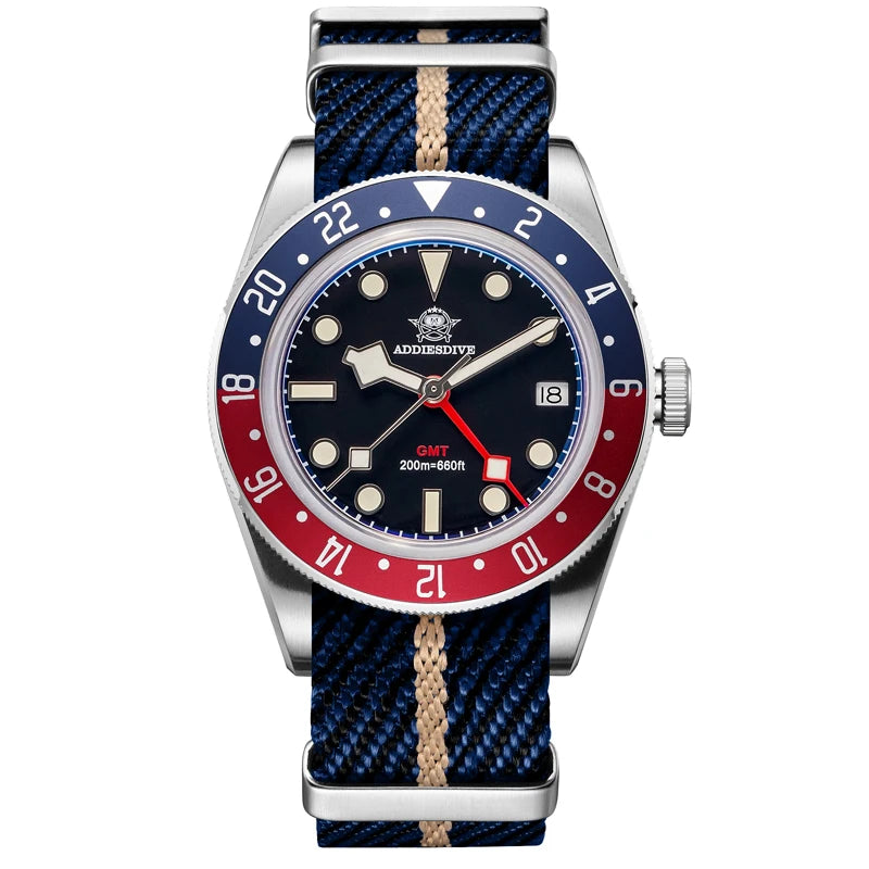 Watch with blue and red bezel and blue strap on white background