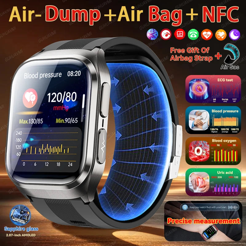 Smartwatch with blood pressure monitoring features on a wooden surface, surrounded by promotional text and graphics.