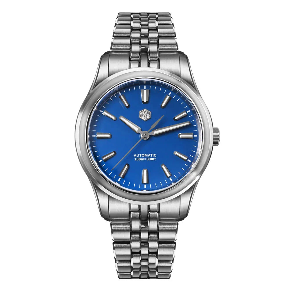 Silver watch with blue dial on a white background
