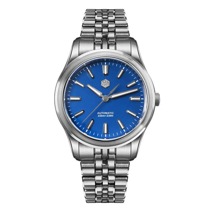 Silver watch with blue dial on a white background