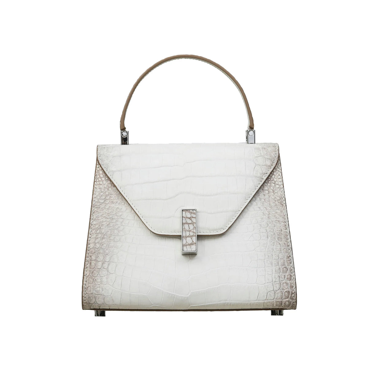 A structured handbag with a crocodile-embossed texture in off-white and light beige, featuring a top handle, a flap front, and a silver-tone clasp, shown against a plain white background.