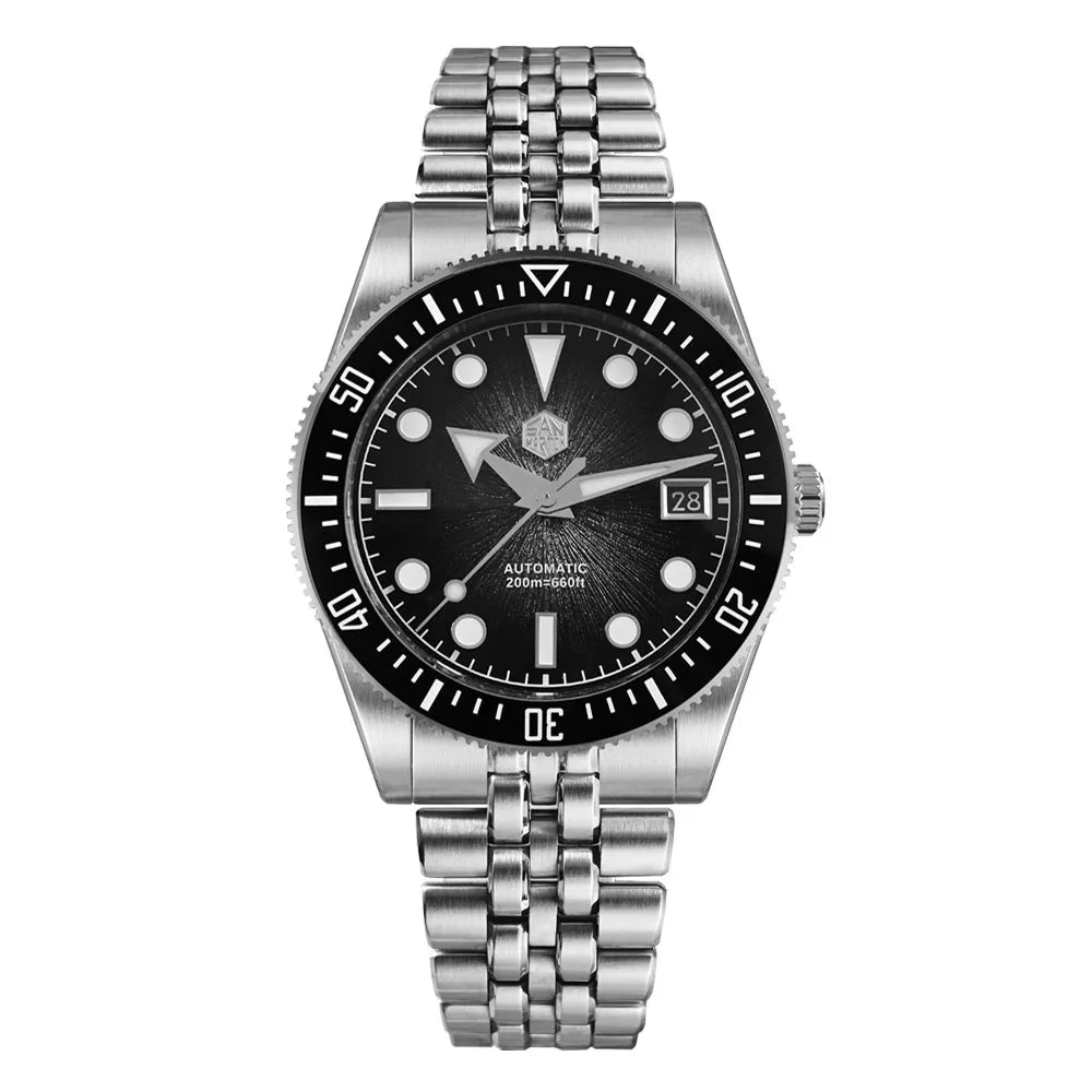 A stainless steel automatic watch with a black dial, black bezel, and a matching steel link bracelet, shown against a plain white background.