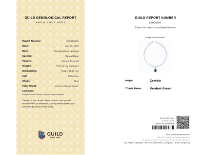 A gemological certificate report card from Guild Gemological Report, showing both the front and back of the document. The left side features a textured light beige background with black text detailing the report information, while the right side displays a placeholder image of a round pendant on a thin dark chain, along with report number, origin, and color details.