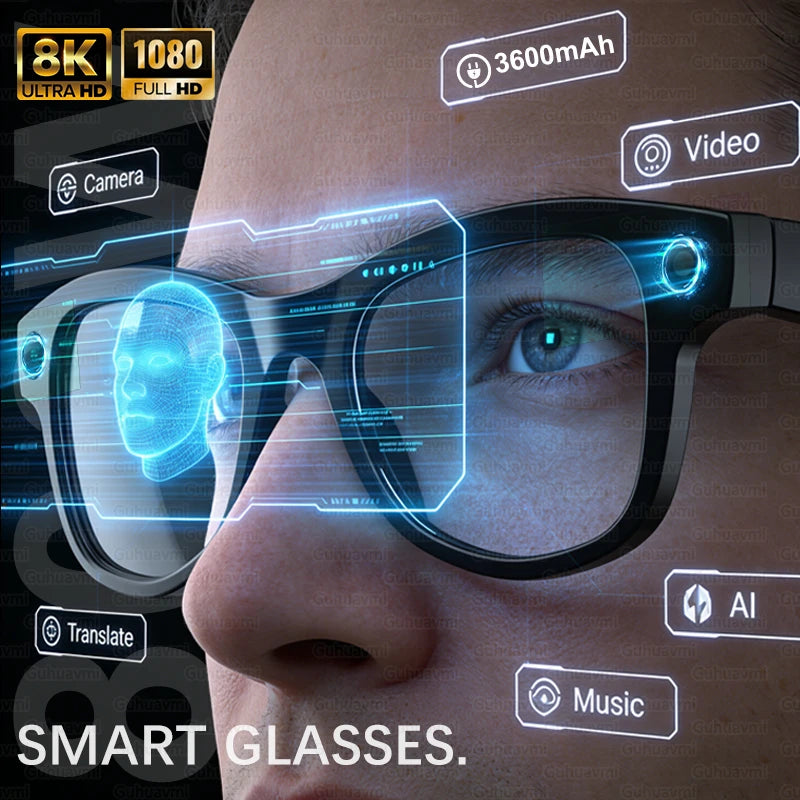 Smart glasses with futuristic interface elements and text on a dark background