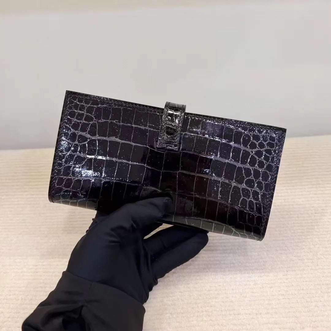 Men's High-Gloss Genuine Crocodile Skin Long Wallet | Alligator Bifold | Vexaroa