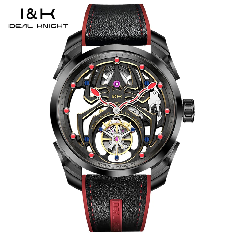 IDEAL KNIGHT Real Tourbillon Men's Watches High-Grade Fully Hollowed Spider Pattern Cool Dial Top Luxury Mechanical Watches 6802