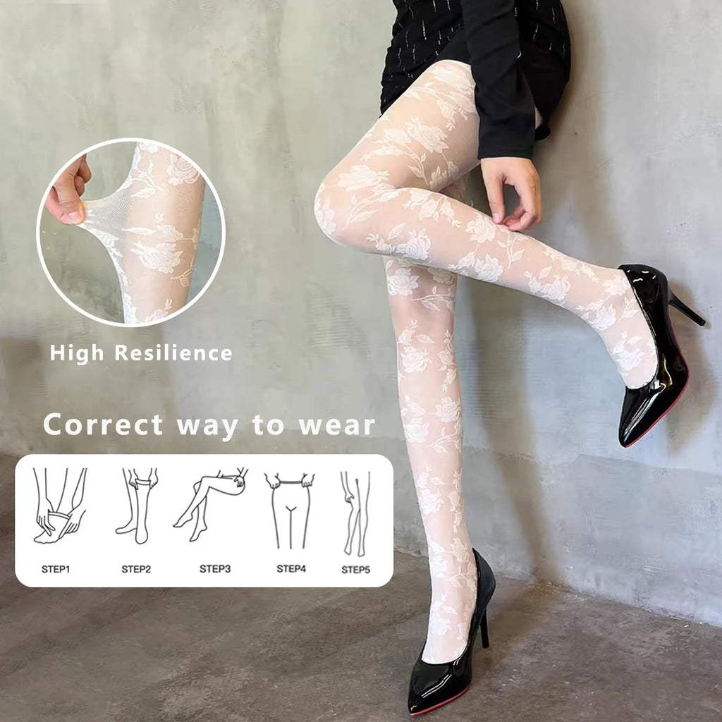 A model wears sheer floral lace tights paired with black patent high heels, posed against a textured gray wall. The image includes a circular inset showing a hand stretching the tights to demonstrate high elasticity, along with text reading 'High Resilience' and a step-by-step guide labeled 'Correct way to wear'.