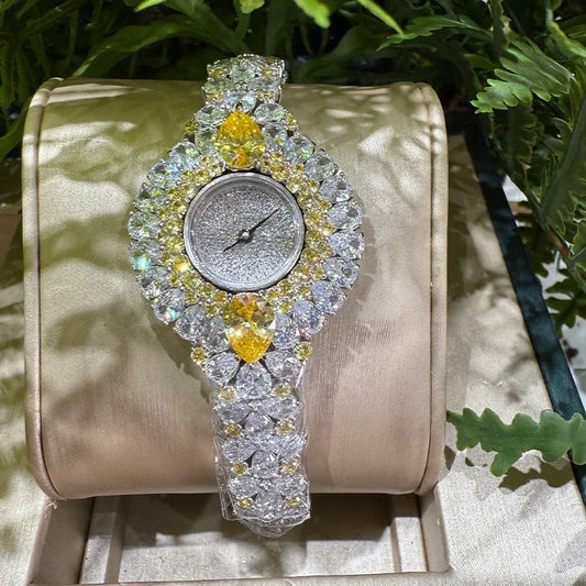 BELLUX 925 Silver Yellow White Full Diamond Watch Women's Flower Fashion Temperament Light Luxury Watch Personalized Women