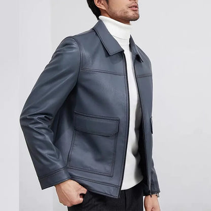 Men's Blue Sheepskin Leather Jacket, Slim Lapel Style Coat | Vexaroa