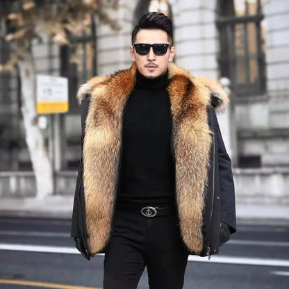 Men Faux Fur Hooded Parka Coat Padded Jacket Winter Outwear Lining Non-detachable Machine-wash Available
