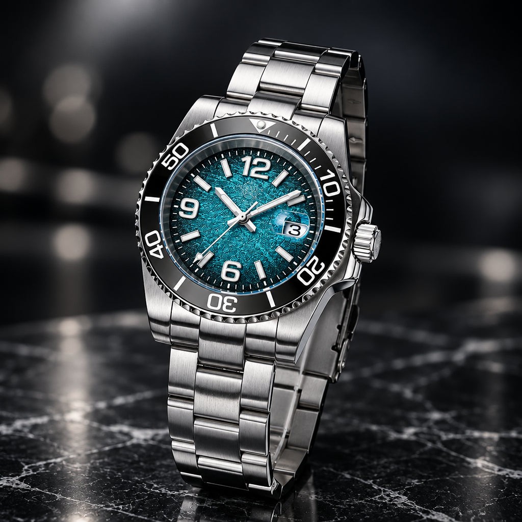 Silver wristwatch with blue dial on a textured surface, featuring the ADDIESDIVE brand.
