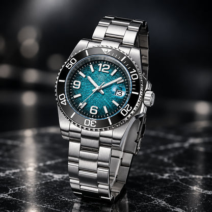 Silver wristwatch with blue dial on a textured surface, featuring the ADDIESDIVE brand.
