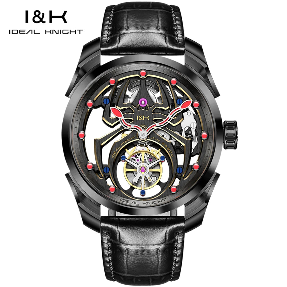 IDEAL KNIGHT Real Tourbillon Men's Watches High-Grade Fully Hollowed Spider Pattern Cool Dial Top Luxury Mechanical Watches 6802