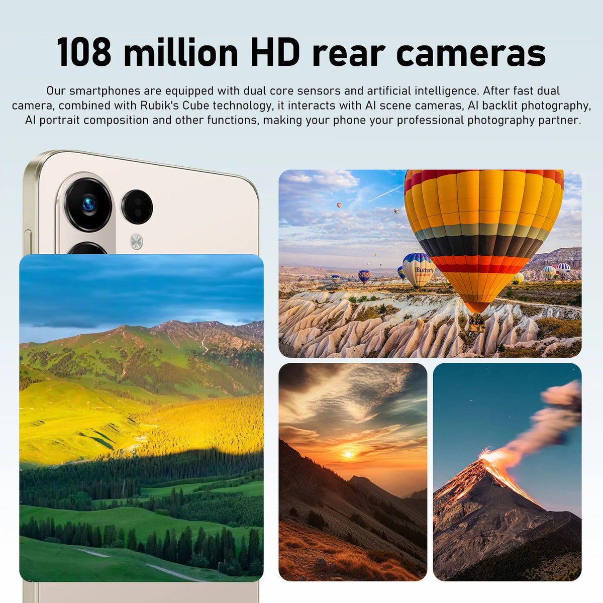 Promotional graphic for a smartphone camera feature, with the headline '108 million HD rear cameras' and several sample landscape photos shown on a phone screen and as inset images. The layout is clean and text-led on a light gray background.