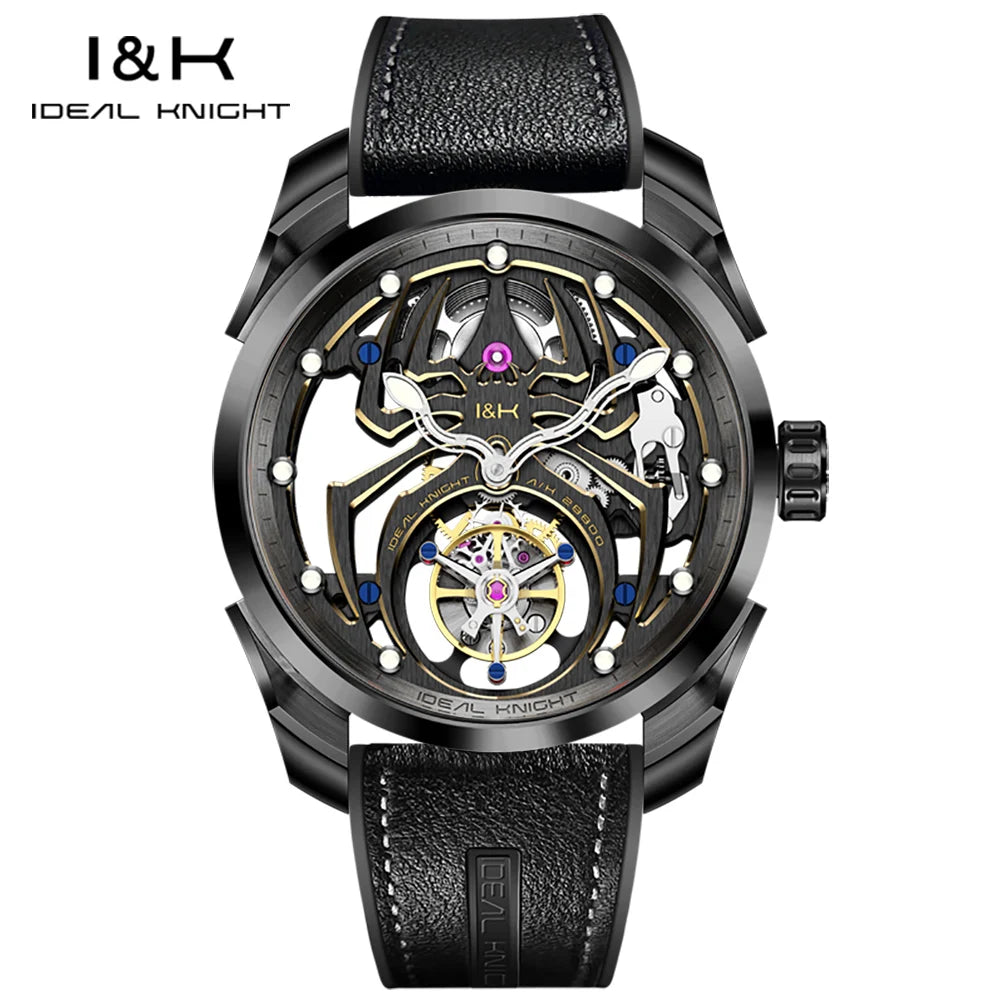 IDEAL KNIGHT Real Tourbillon Men's Watches High-Grade Fully Hollowed Spider Pattern Cool Dial Top Luxury Mechanical Watches 6802