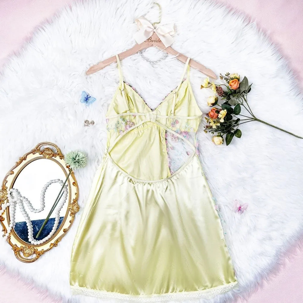 Vexaroa Lace Bow Ice Silk Suspender Nightdress Split Sleepwear — product image