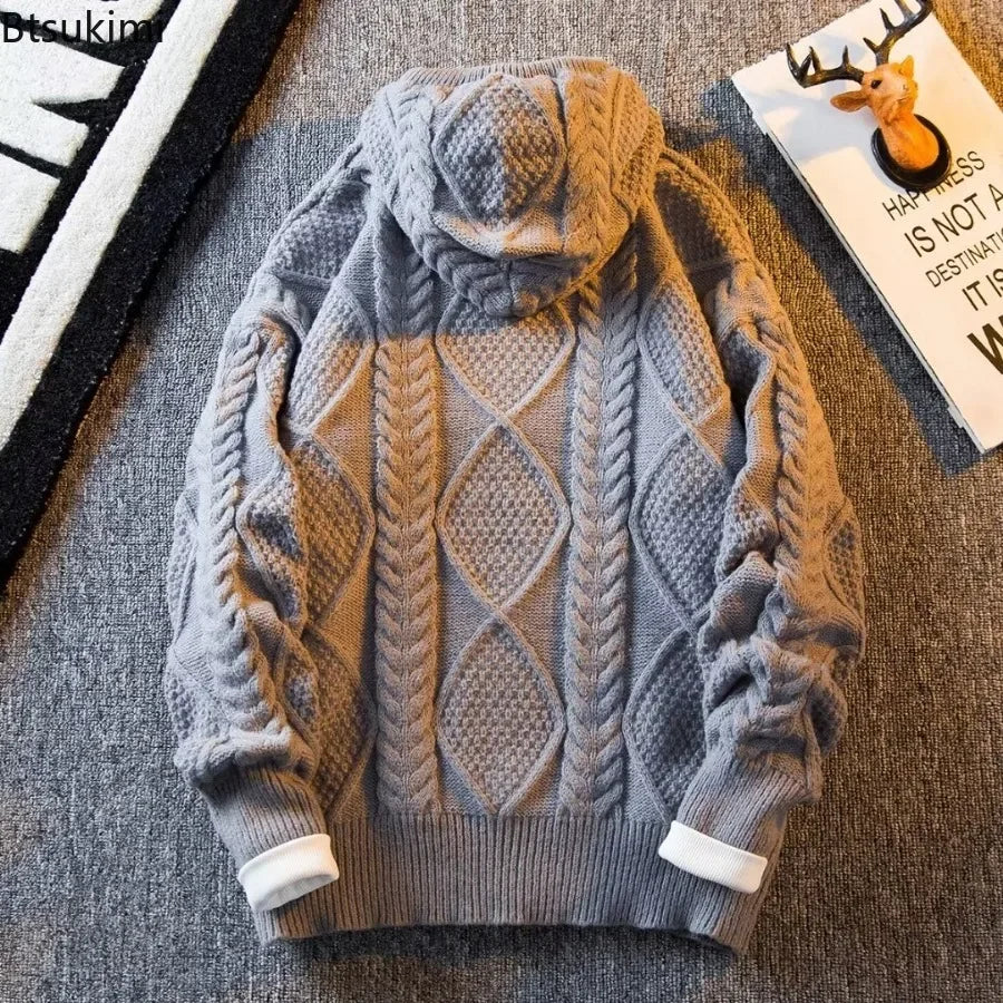 Vexaroa Men's Vintage Knitted Hooded Cardigan – Zip Coat