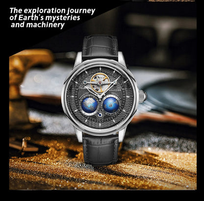 Luxury watch with intricate design on a textured surface, text 'exploration journey of Earth's mysteries and machinery' above.