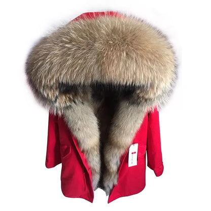 Vexaroa Women's Real Natural Fur Coat Long Hooded Parka with Fur Liner Winter Jacket