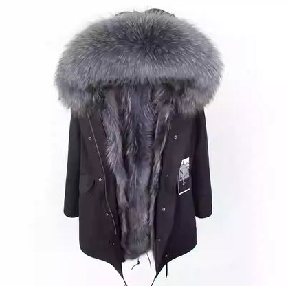 Vexaroa Women's Real Natural Fur Coat Long Hooded Parka with Fur Liner Winter Jacket