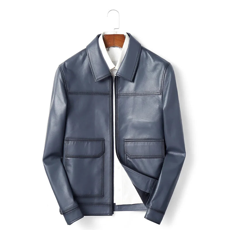 Men's Blue Sheepskin Leather Jacket, Slim Lapel Style Coat | Vexaroa