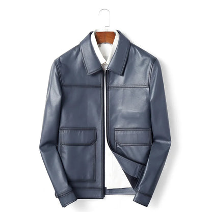 Men's Blue Sheepskin Leather Jacket, Slim Lapel Style Coat | Vexaroa