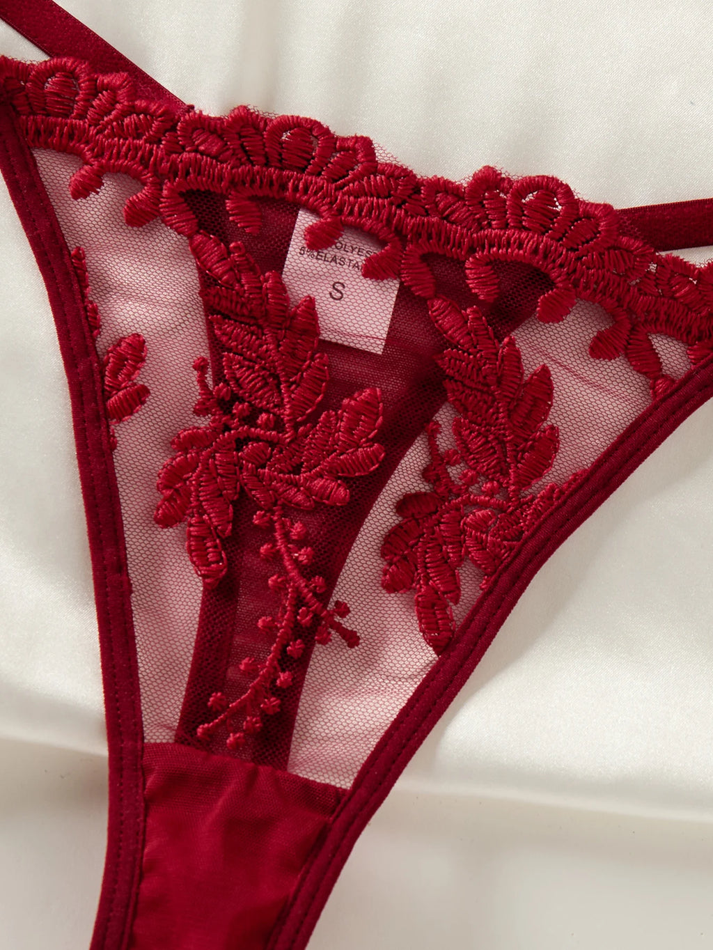 Vexaroa Wine Red Wheat Embroidery Sheer Nightgown Bow
