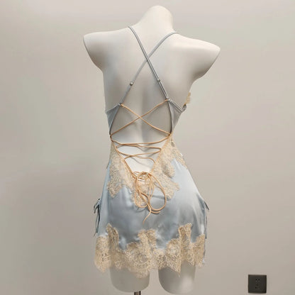 Vexaroa Ice Silk Lace Nightgown – Backless Suspender Pajamas