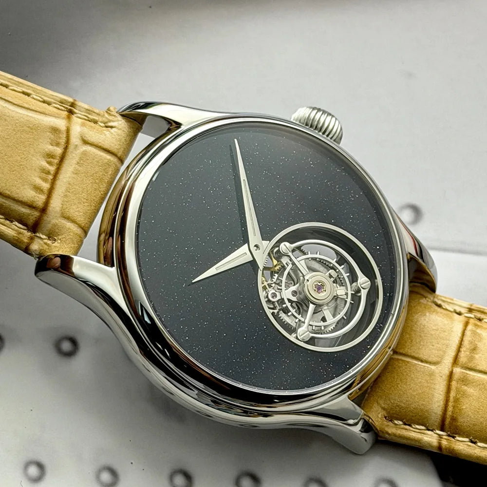 Watch with a brown leather strap and visible mechanical components on a gray background