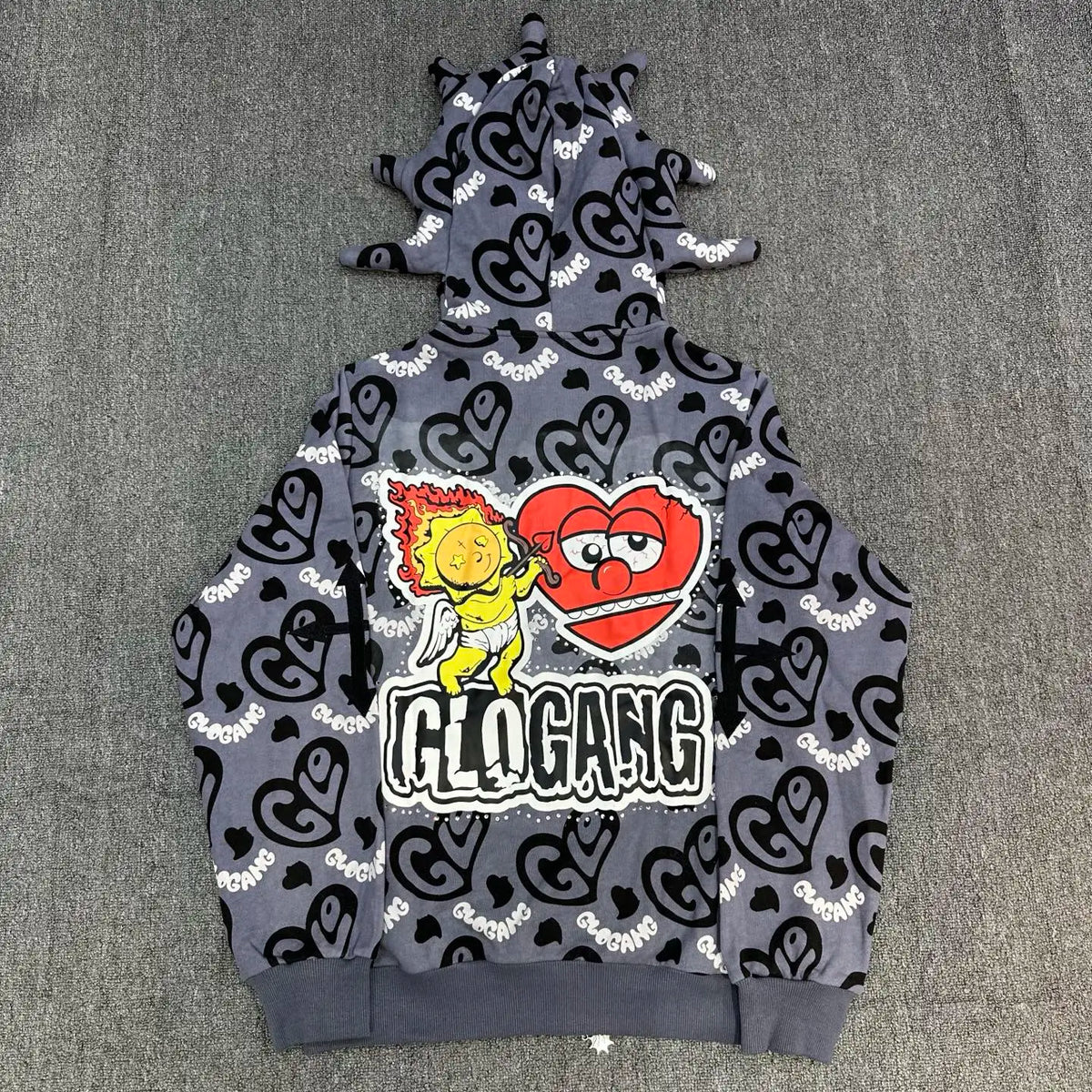 Glo Gang Zip Hoodie Unisex Rhinestone Embellished Cartoon Print Pink Streetwear Cozy Hooded Sweatshirt