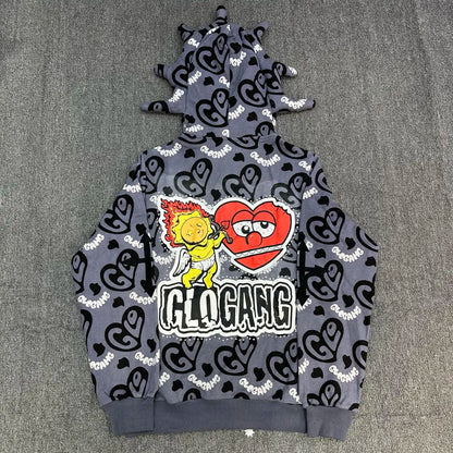 Glo Gang Zip Hoodie Unisex Rhinestone Embellished Cartoon Print Pink Streetwear Cozy Hooded Sweatshirt