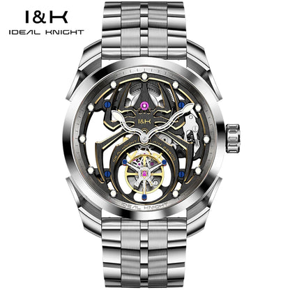 IDEAL KNIGHT Real Tourbillon Men's Watches High-Grade Fully Hollowed Spider Pattern Cool Dial Top Luxury Mechanical Watches 6802
