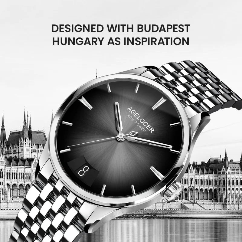 Silver watch with black dial on a blurred cityscape background, text 'Designed with Budapest Hungary as inspiration'.