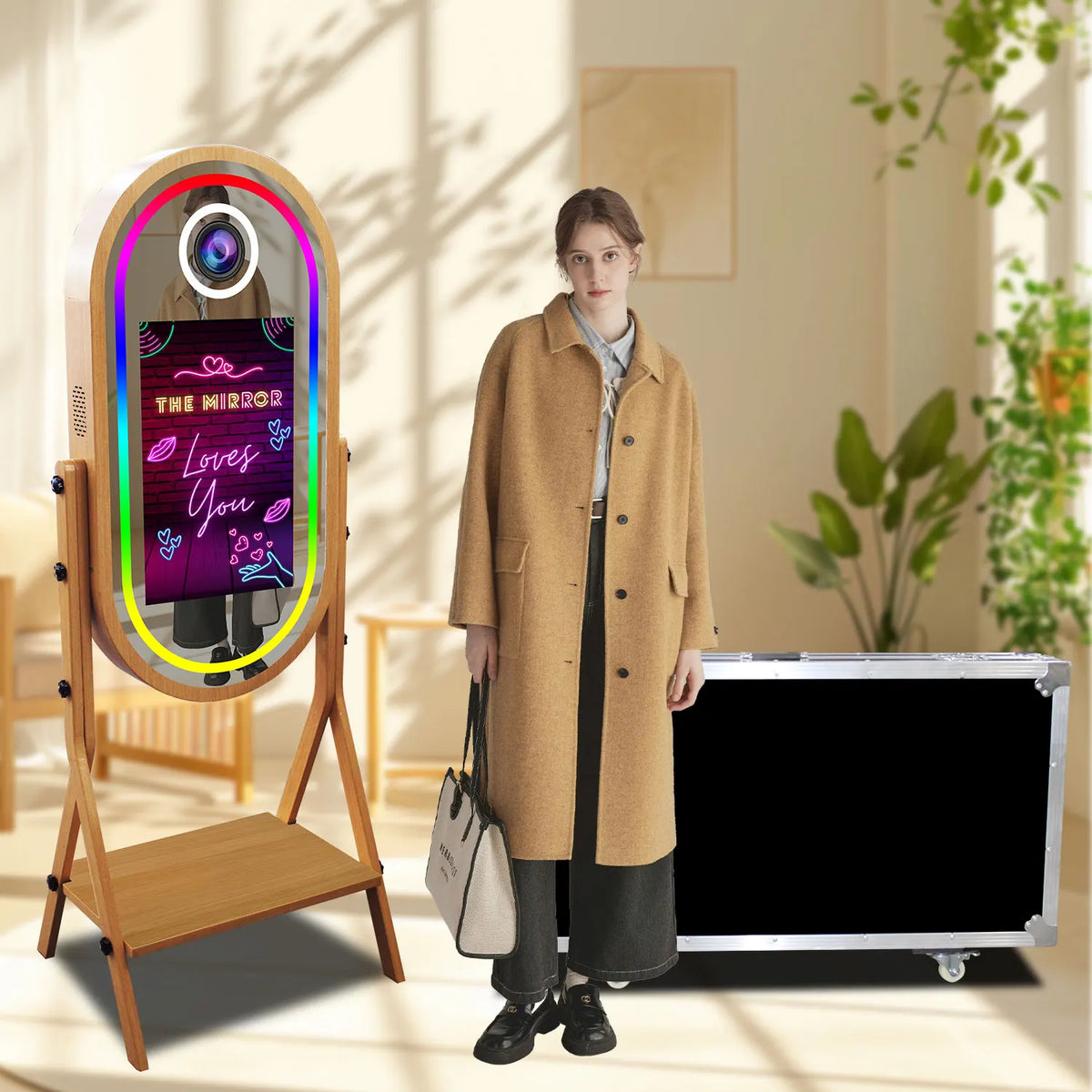 Magic Mirror Photobooth with Imitate Wood Grain Selfie, 21.5 Inch Touch Screen, Selfie DSLR Photo Booth Machine for Sharing