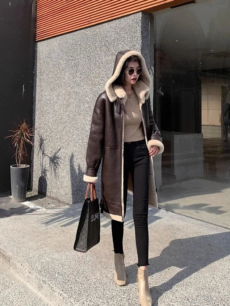 Women's Sheepskin Shearling Long Coat Plus Size | Vexaroa