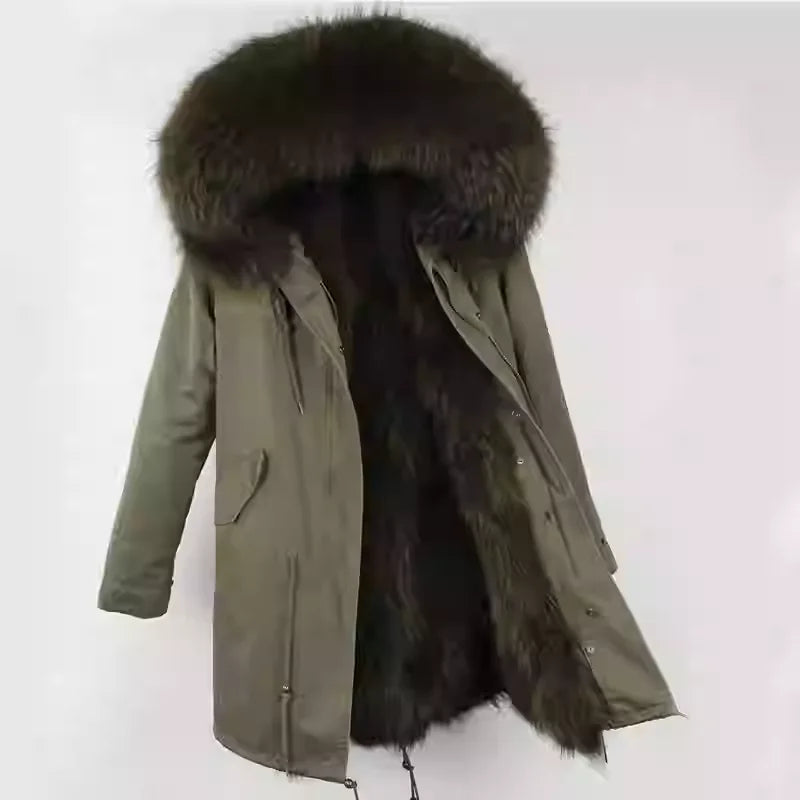 Vexaroa Women's Real Natural Fur Coat Long Hooded Parka with Fur Liner Winter Jacket