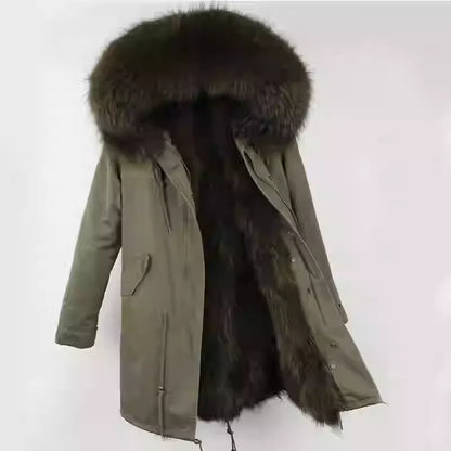 Vexaroa Women's Real Natural Fur Coat Long Hooded Parka with Fur Liner Winter Jacket