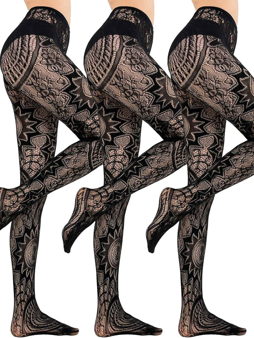 Patterned tights with a black and brown design on a white background