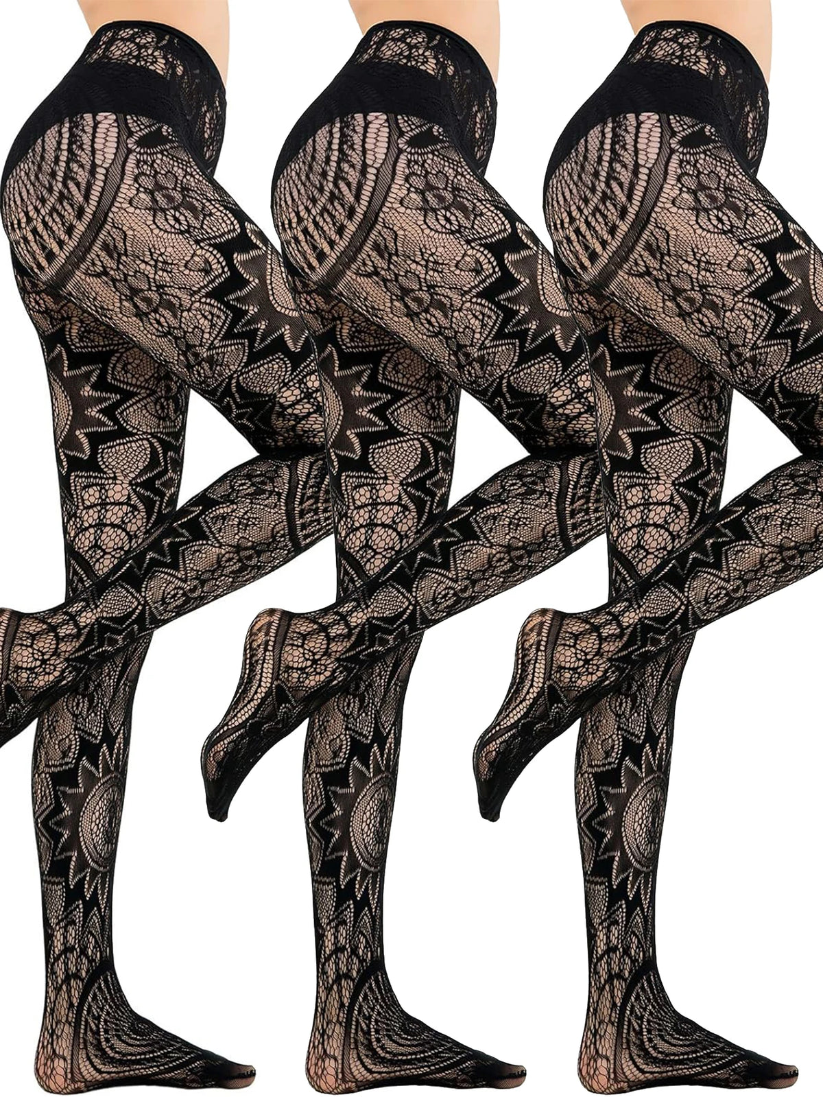 Patterned tights with a black and brown design on a white background
