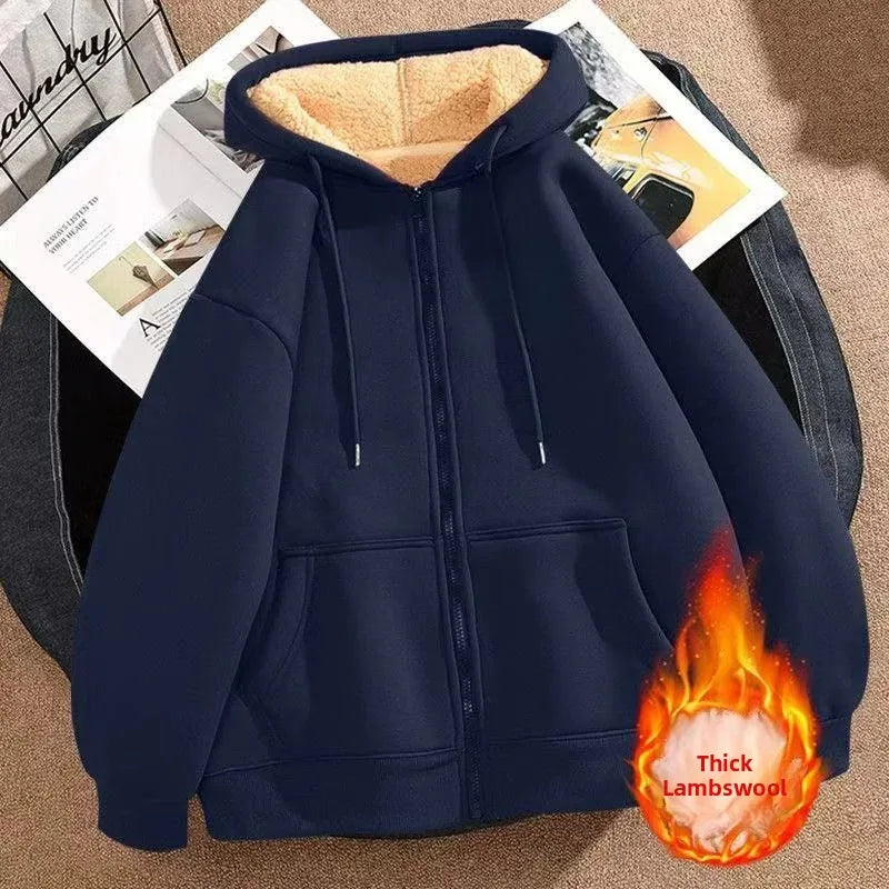 Women's Fleece Lined Hoodie Jacket Thickened Cotton Winter Open Cardigan New Style Lamb Velvet Warm Early Winter Thickened