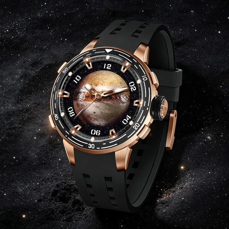 A luxury watch with a black strap, rose gold case, and a unique dial featuring a realistic planet or moon image, set against a dark starry space background.