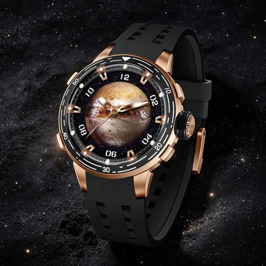 A luxury watch with a black strap, rose gold case, and a unique dial featuring a realistic planet or moon image, set against a dark starry space background.