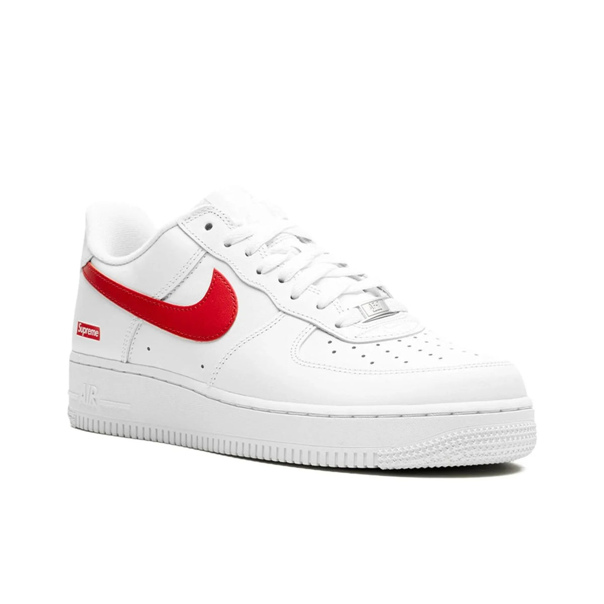 A white Nike Air Force 1 Low sneaker with a bright red Swoosh and a small red Supreme box logo on the heel, shown from a side profile on a white background.