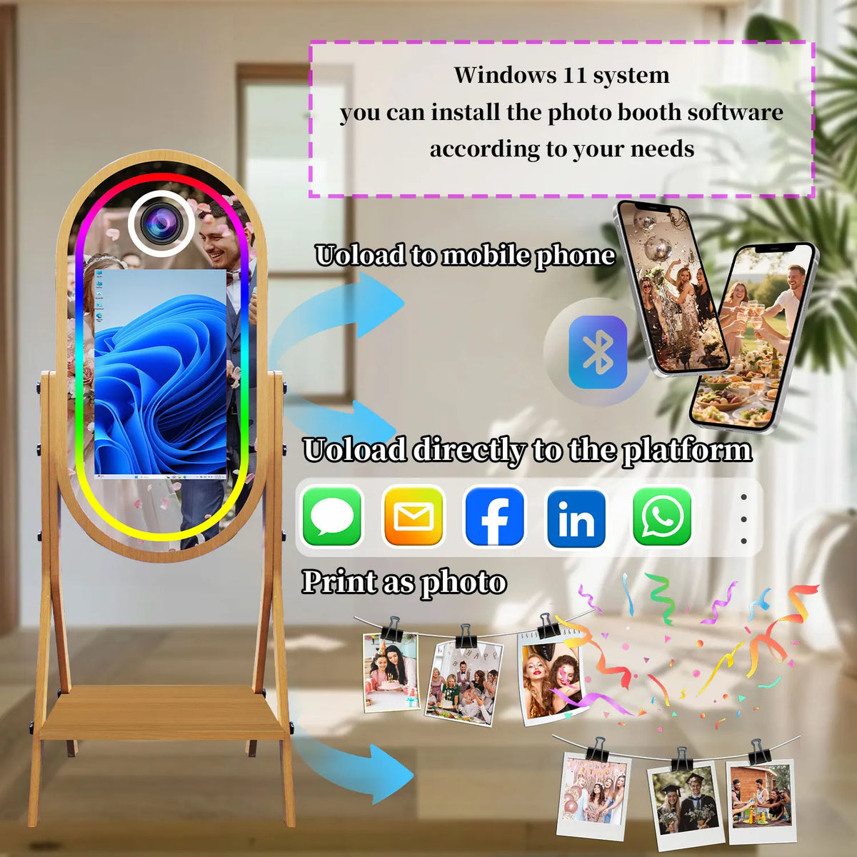 Magic Mirror Photobooth with Imitate Wood Grain Selfie, 21.5 Inch Touch Screen, Selfie DSLR Photo Booth Machine for Sharing