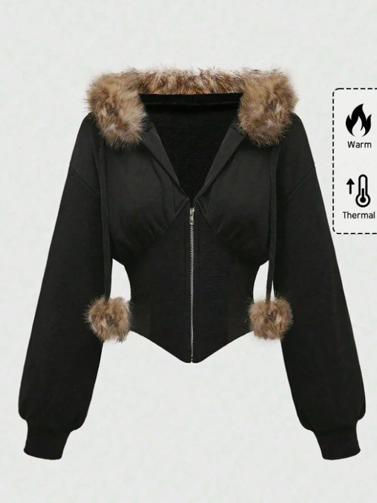 Autumn Winter Faux Fur Collar Solid Hooded Coats Women Casual Slim Waist Zip Hoodies Gothic Jackets Chic Streetwear