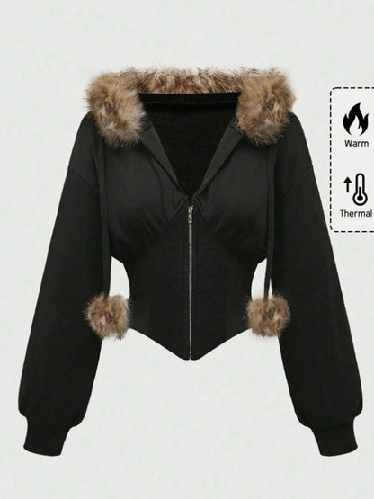Autumn Winter Faux Fur Collar Solid Hooded Coats Women Casual Slim Waist Zip Hoodies Gothic Jackets Chic Streetwear