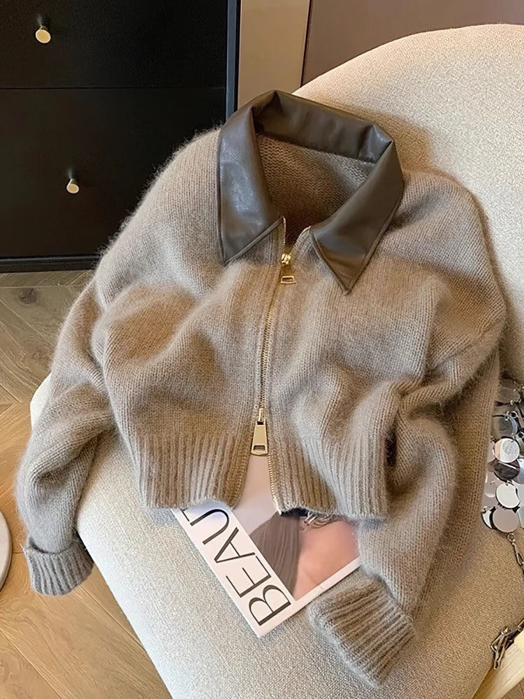 Vexaroa Patchwork Zipper Cropped Cardigan Knit Bomber Jacket
